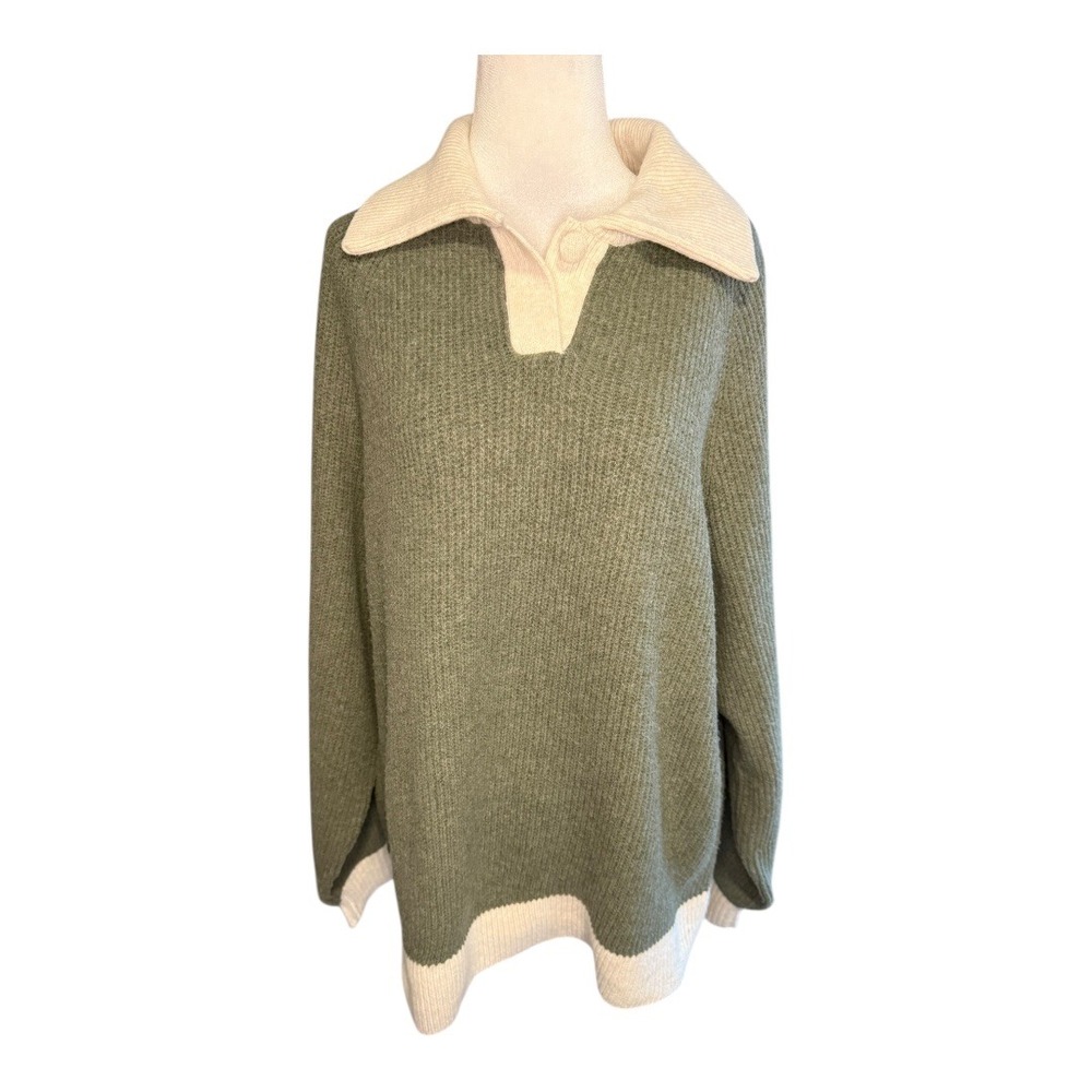 Olive Green and Cream Collared Knit Sweater